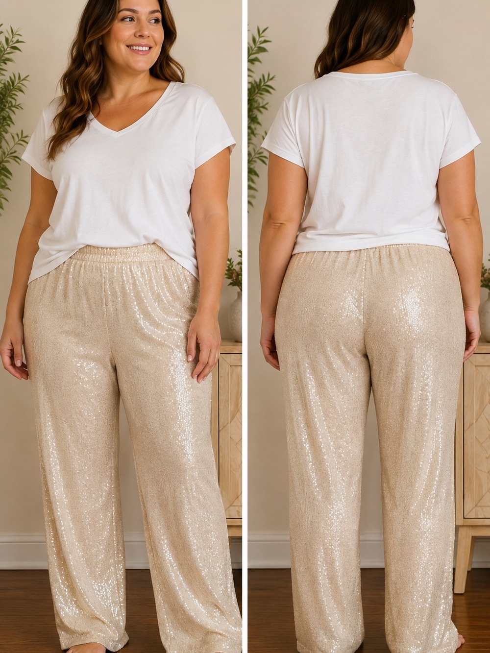 Women's Champagne Sequin Wide-Leg Pants - Elegant Lounge Trousers